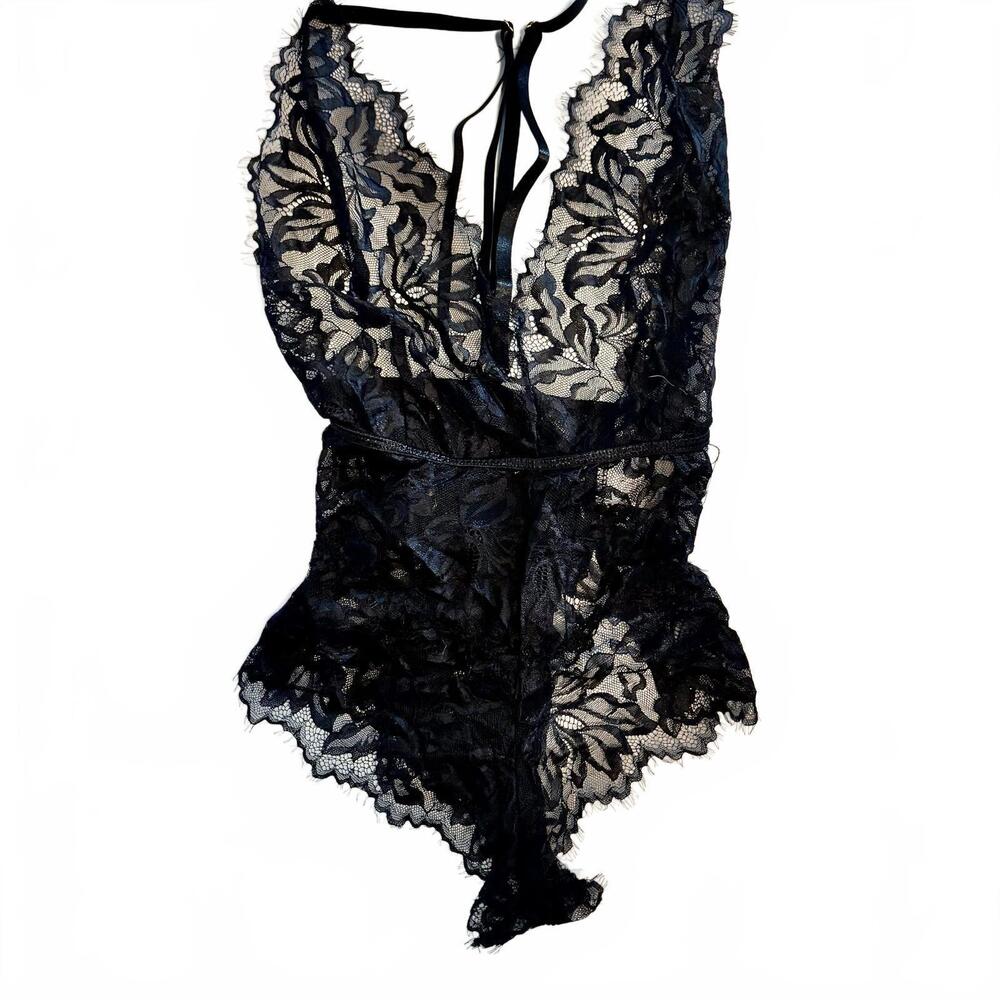 Black Lace Sheer Teddy One Piece V-Neck Lingerie M